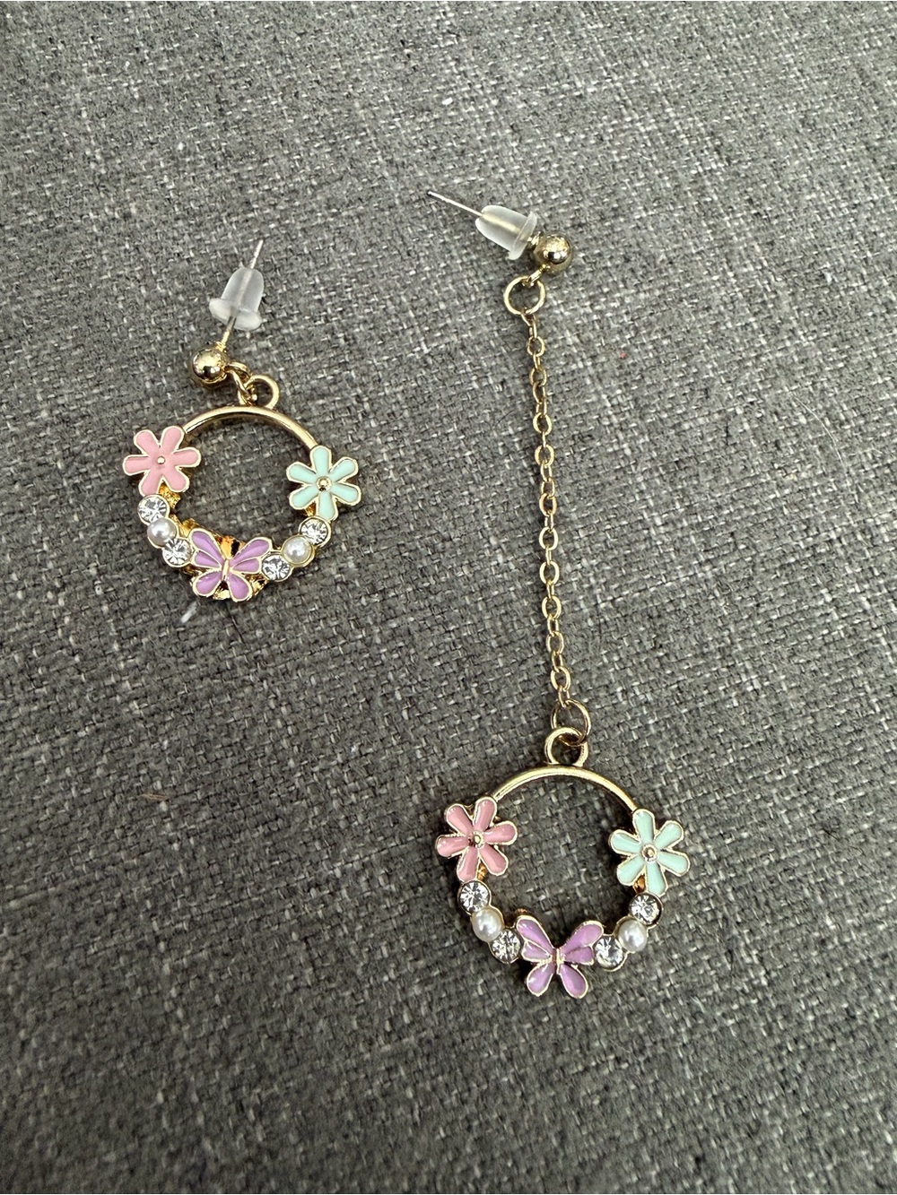 Asymmetrical Butterfly Flower Dangle Earrings Gold Tone